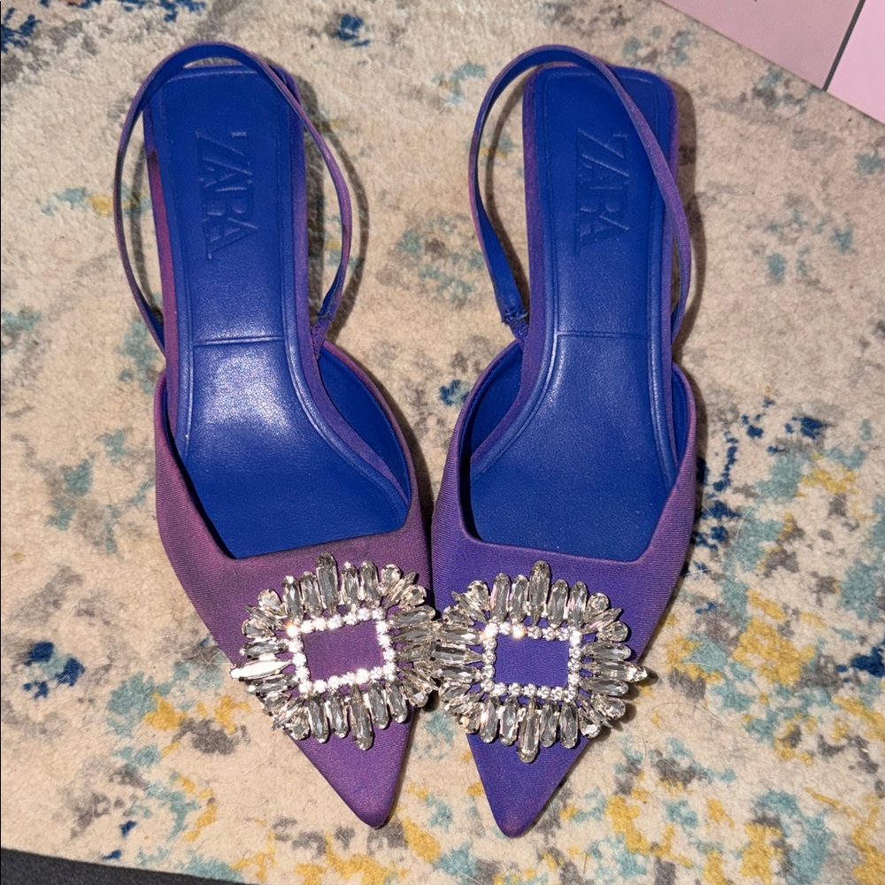 ZARA Purple Satin Pointed Slingback Heels with Crystal Buckle